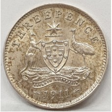 AUSTRALIA 1911 . THREEPENCE . KEY DATE . CHOICE GRADE